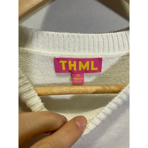 THML Ruffle Sleeve Knit Top Women XS White Excellent Floral Pom Pom WK0174-WH - Picture 4 of 7